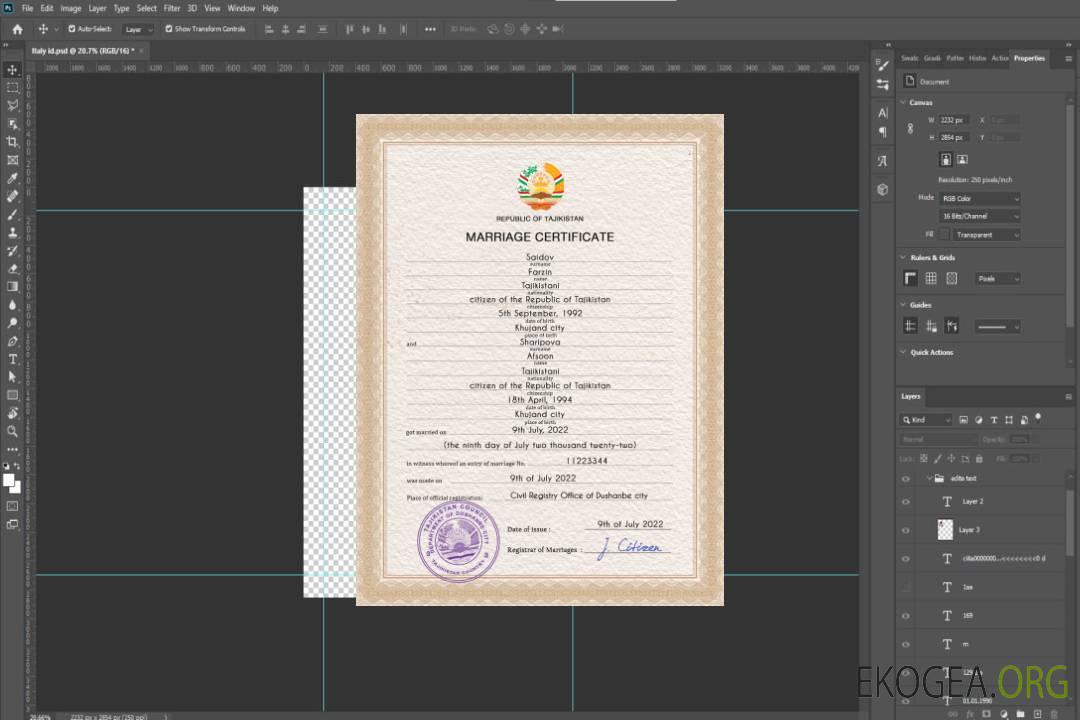 Modèle PSD de certificat de mariage au Tadjikistan template